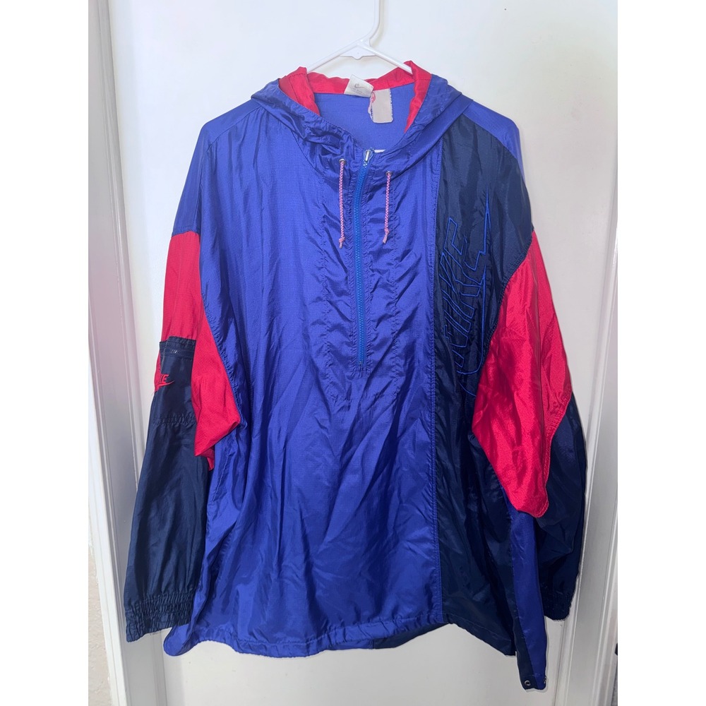 Vintage Nike Windbreaker Jacket XL Colorblock Blue Red 90s Anorak HalfZip Hooded